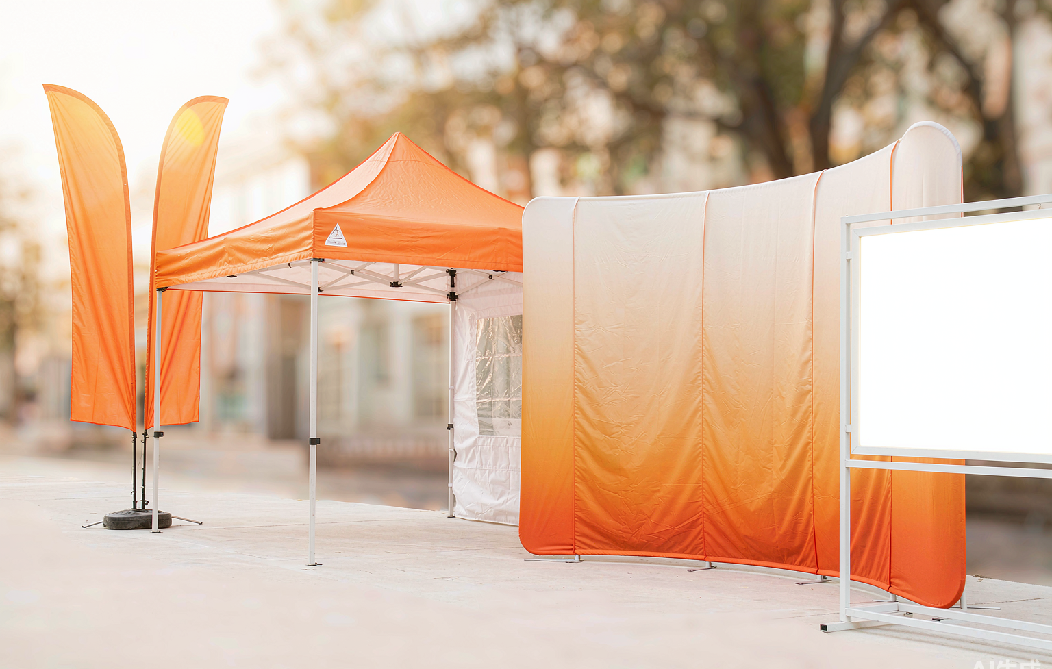 Trade show display set built by Shanghai Xiaohe: canopy tent, feather flags, fabric backdrop and lightbox